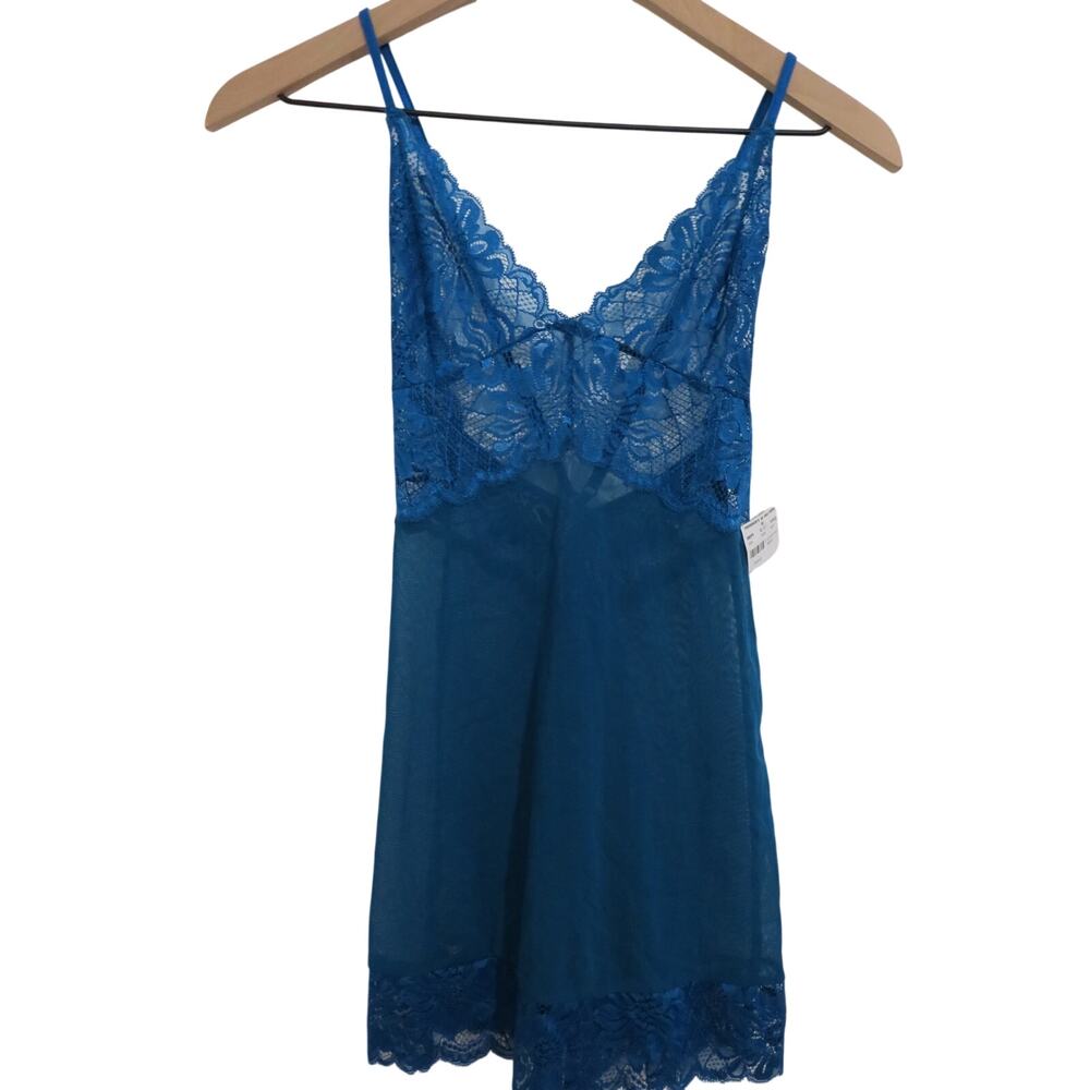 Frederick's of Hollywood Women Sz M Teal Lace Sheer Slip chemise Y2K Boudoir